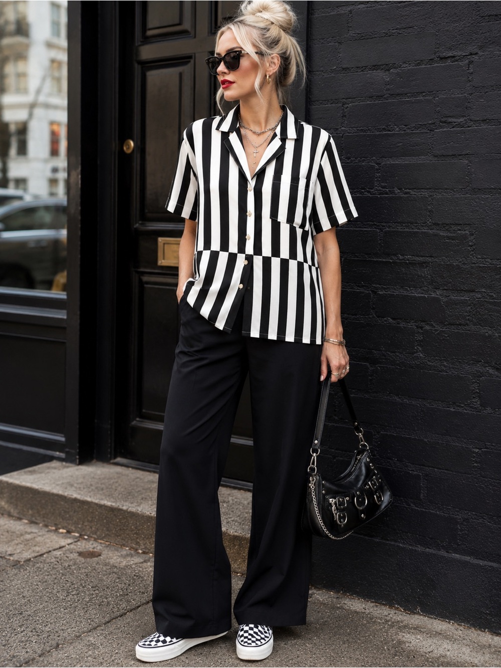 AYR Black & White Striped Silk Blend Camp Shirt Size S